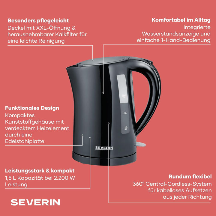 SEVERIN Wasserkocher 1,5 L, leistungsstarker und kompakter Wasserkocher in hochwertigem Design, elek