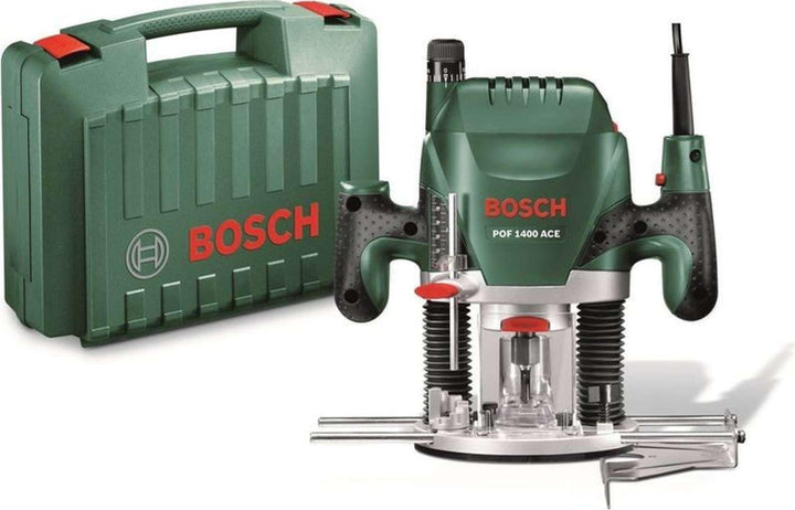 Bosch DIY Oberfräse POF 1400 ACE, Absaugadapter, Gabelschlüssel, Kopierhülse, Nutfräser, Parallelans
