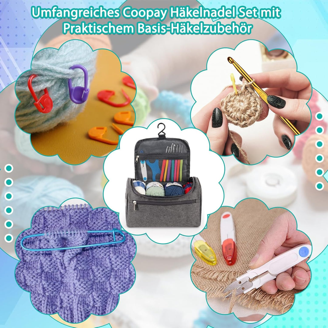 Coopay Tragbar Häkelset für Anfänger, Häkelnadel Set mit 15 Wolle, Tasche, Häkelzubehör, Ergonomisch