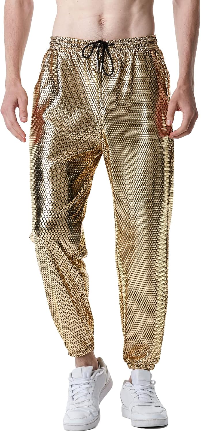 LucMatton Herren-Jogginghose, metallisch, glänzend, Disco-Party, elastische Hose M Gold-a, M Gold-a