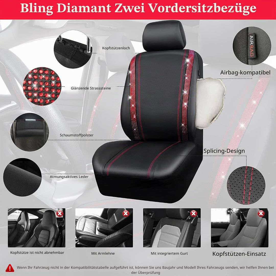 CAR PASS Wasserdicht Leder Autositzbezüge, Bling Diamant Komplettset Sitzbezug, Glänzend Kristall Gl