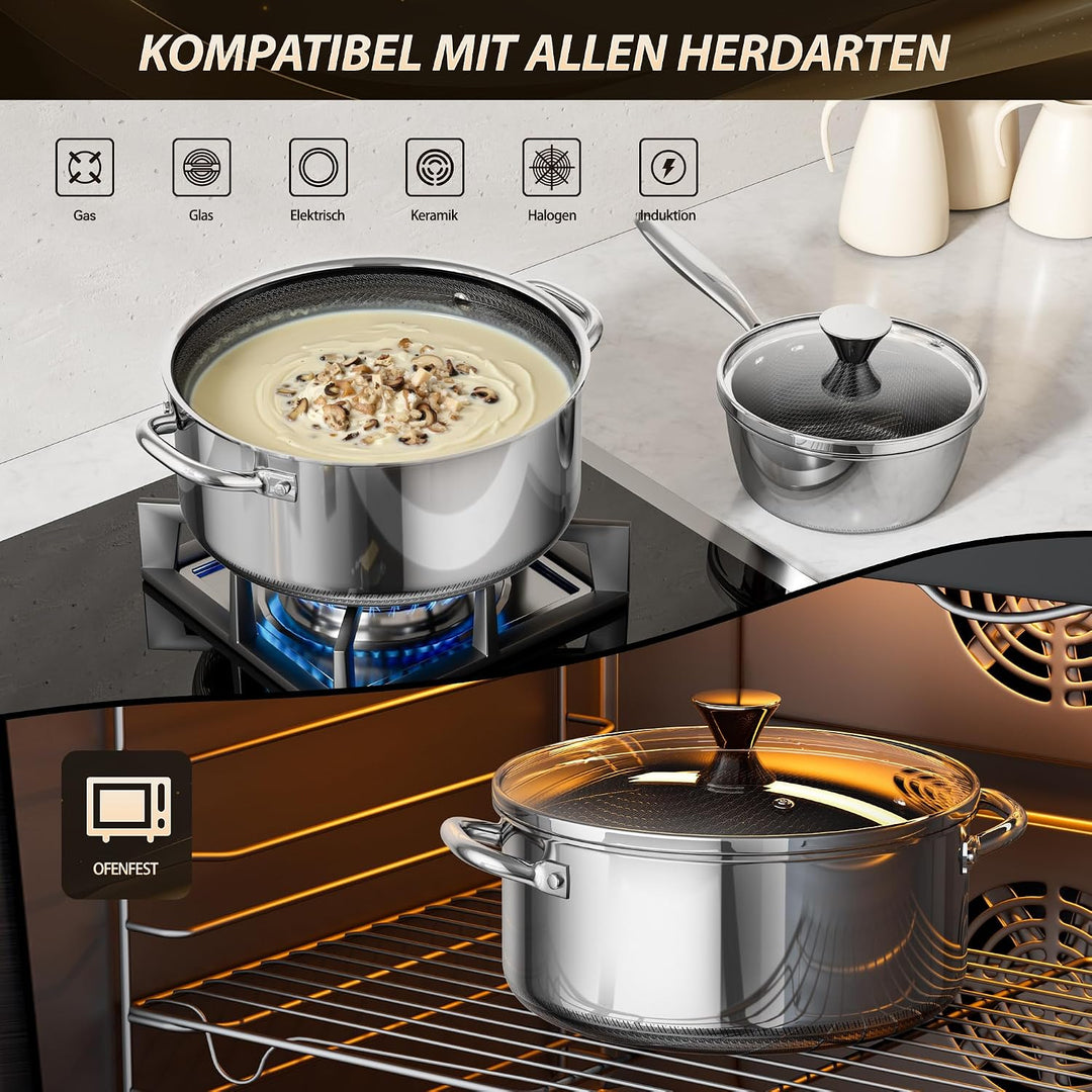 Topfset Antihaft mit Deckel 16+20+24 cm, Kochtopfset Induktion, kühl bleibender Griff, spülmaschinen