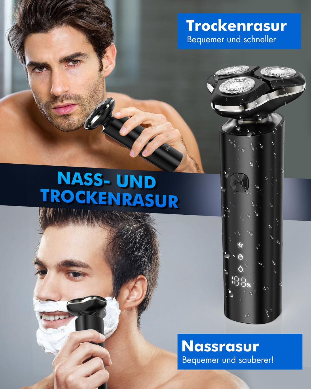 Rasierer Herren Elektrisch, ETROBOT 3-in-1Elektrorasierer Herren, IPX7 Wasserdicht Nass und Trockenr