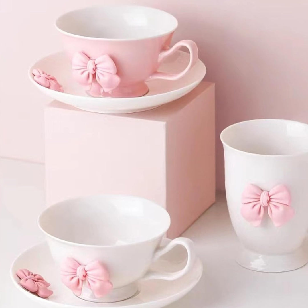 200 ML Kaffeetassen Set mit Untertasse Keramik Tasse mit Schleife und Henkel Violett Rosa Schleife K