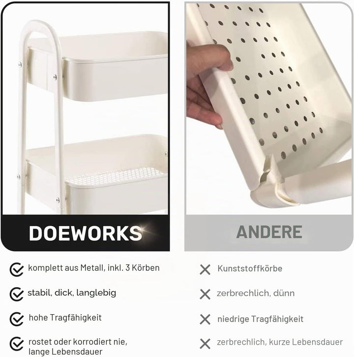 DOEWORKS Aufbewahrungswagen Küchenwagen 3-Etagen Metall Utility Cart, Rollwagen Organizer Wagen mit