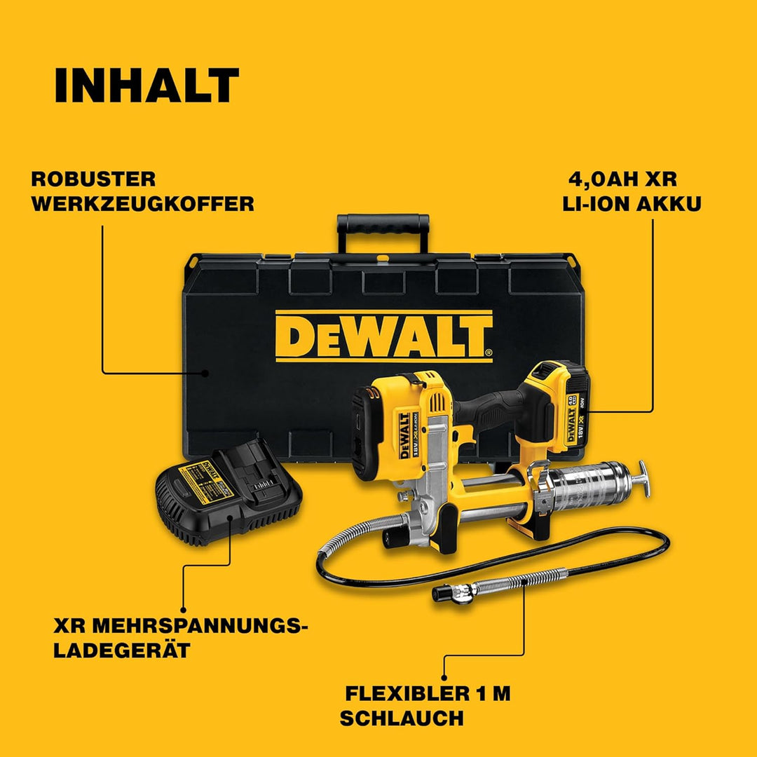 Dewalt 18 Volt Akku-Fettpresse DCGG571M1 (690 bar Arbeitsdruck, Fassungsvermögen: 400 gr. mit Kartus