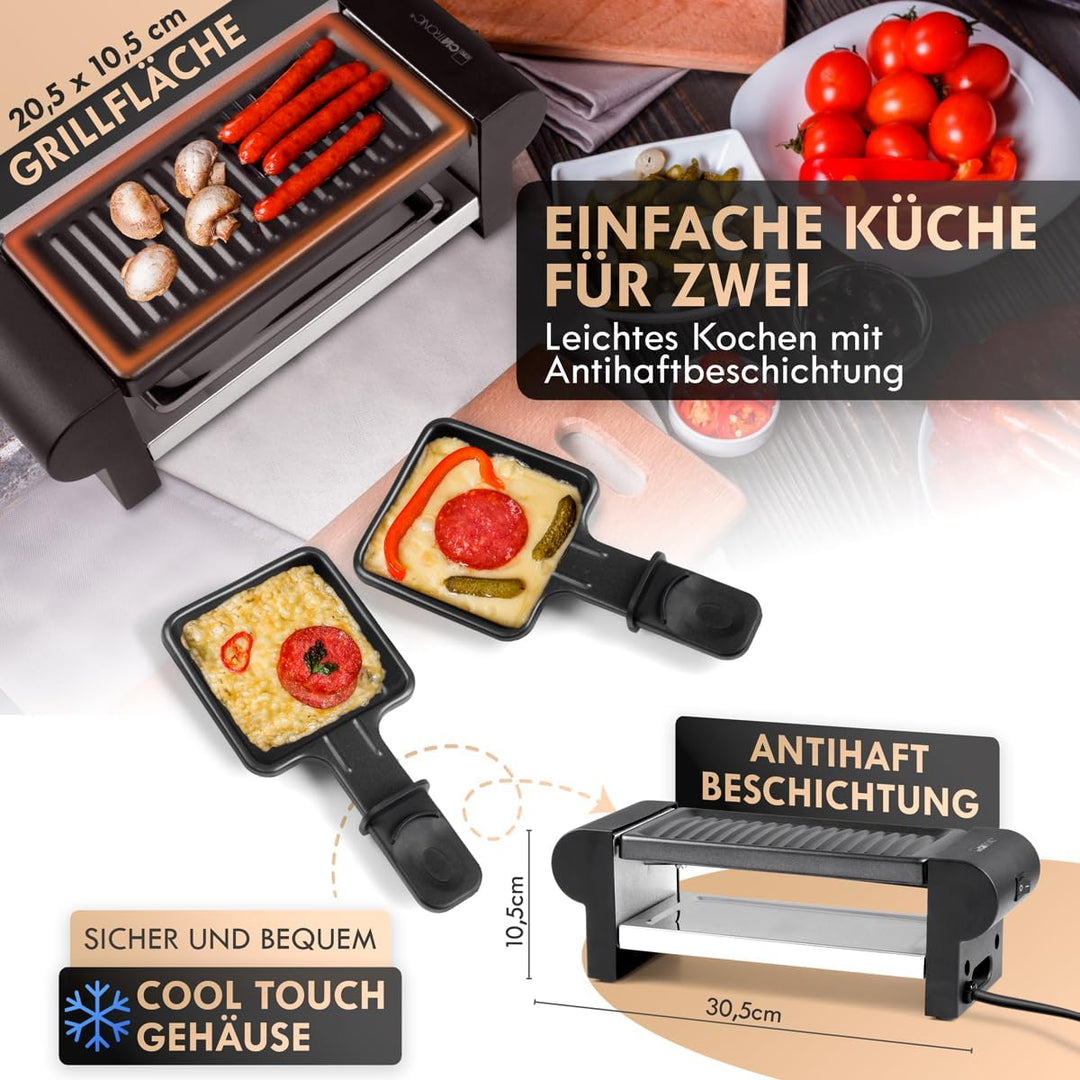 Clatronic® Raclette 2 Personen | Mini Raclette mit ca. 20,5 x 10,5 cm Grillfläche | für Grillen & Üb