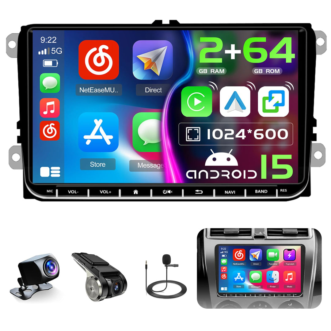 Hikity 2G+64G Android 15 Autoradio mit Dashcam Wireless Carplay Android Auto für VW Golf 6 Golf 5 Po