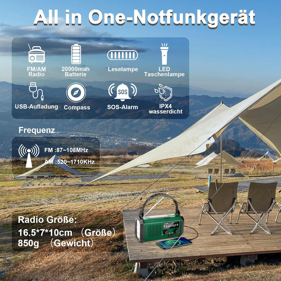 YIKANWEN Kurbelradio mit 20000mAh Akku Wiederaufladbare, Tragbar Solar Radio Dynamo Radio mit AM/FM,