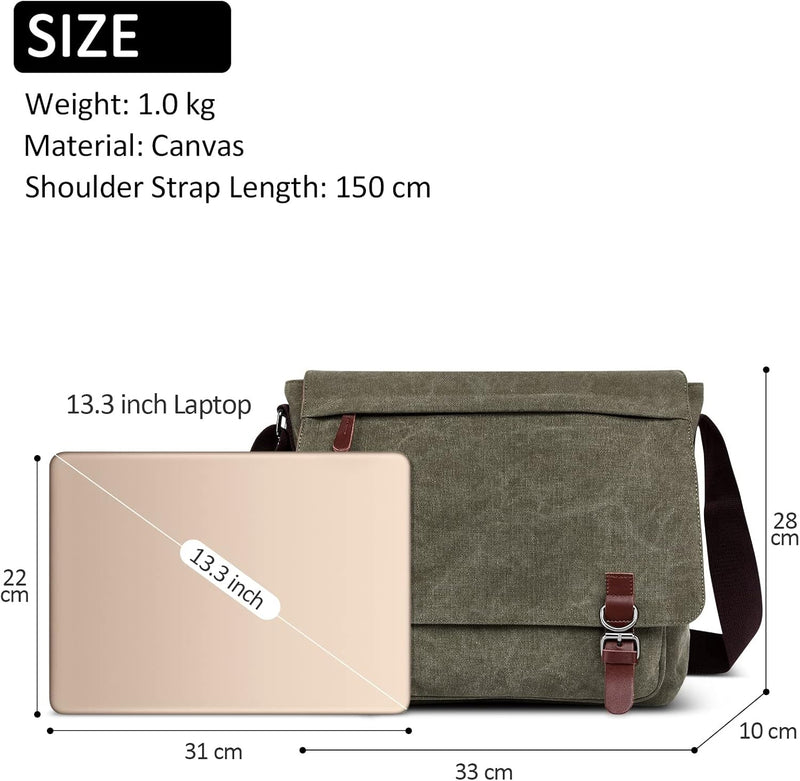 DORRISO Herren Umhängetasche Mode Schultertasche Leinwand Schultertaschen für 13.3 Zoll Laptop Kurie