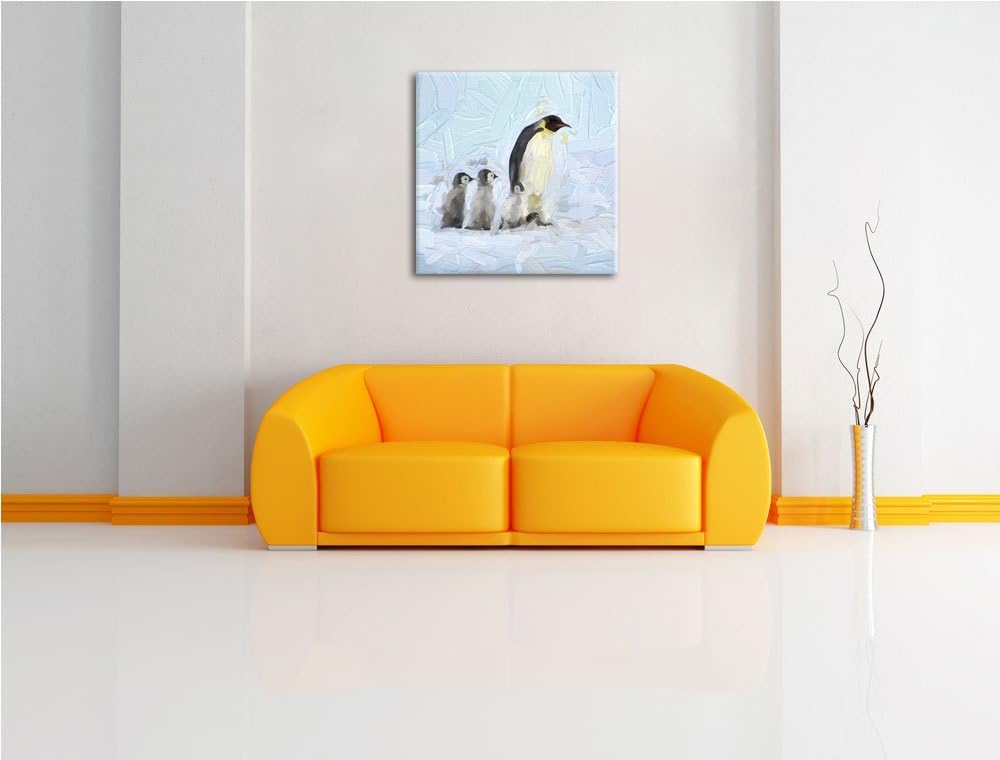4 Kaiserpinguine im Schnee, Format: 70x70 auf Leinwand, XXL riesige Bilder fertig gerahmt mit Keilra
