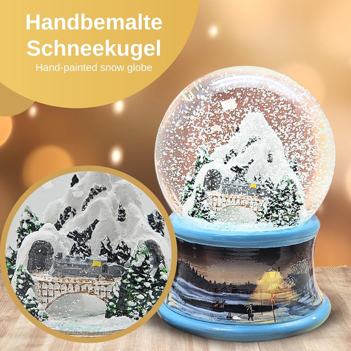 Weihnachts-Schneekugel mit Musik | Schneekugel Berglandschaft mit Brücke | Sockel Winterlandschaft b