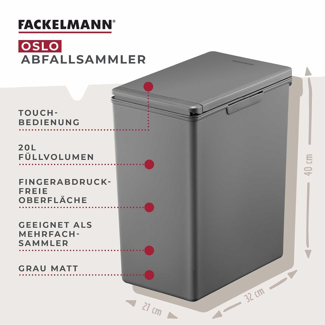 Fackelmann OSLO Touch Abfallsammler 20L, Dunkelgrau – Ideal als Mehrfachsammler, leicht &amp; robust mit