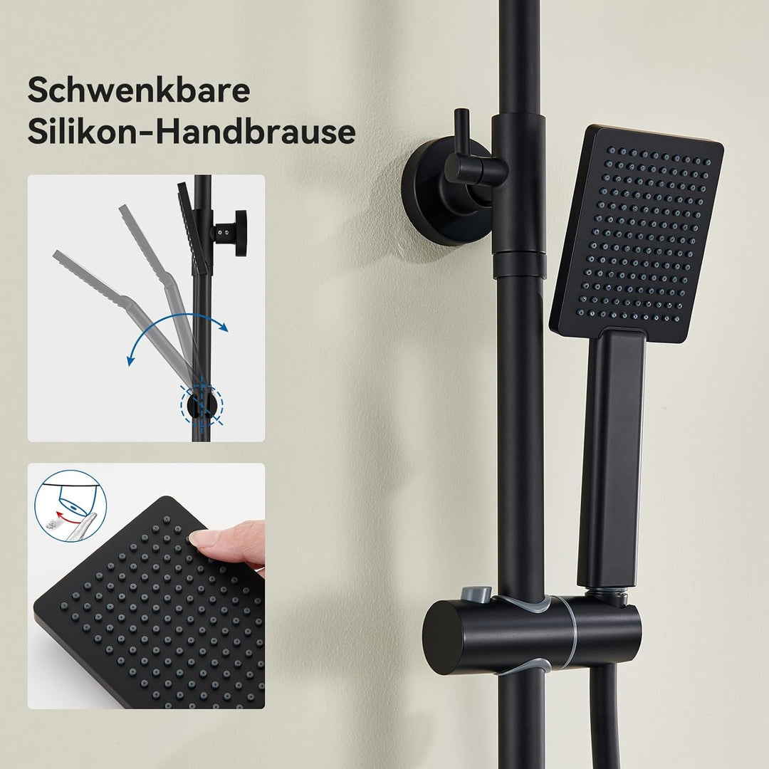 Auralum Duschsystem mit Verbrühschutz-Thermostat Armatur, Duscharmatur Komplettset Schwarz, 25x25cm