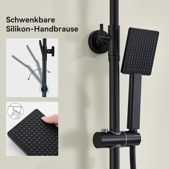 Auralum Duschsystem mit Verbrühschutz-Thermostat Armatur, Duscharmatur Komplettset Schwarz, 25x25cm