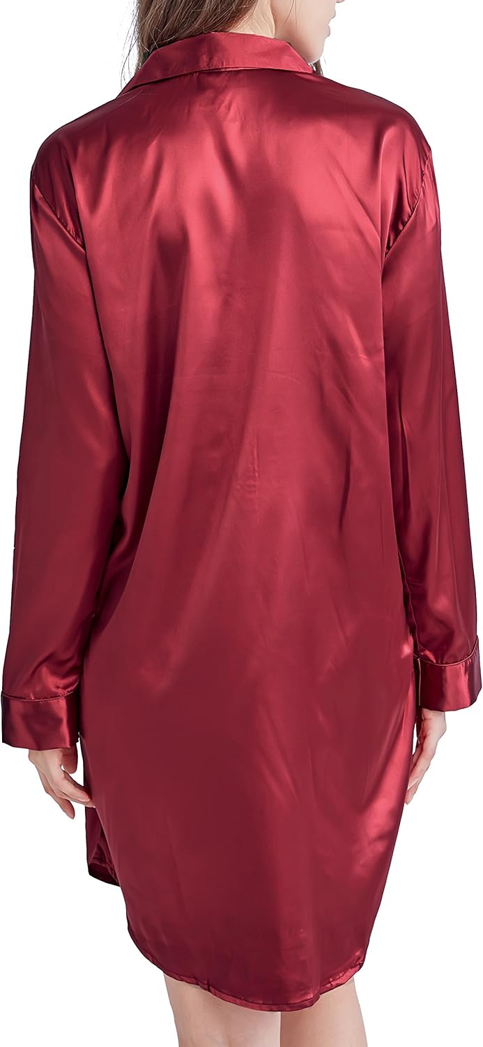 Nachthemd Damen, Satin Nachtkleid Langarm Nachtwäsche mit Knopfleiste Schlafhemd Freizeitkleidung Bu