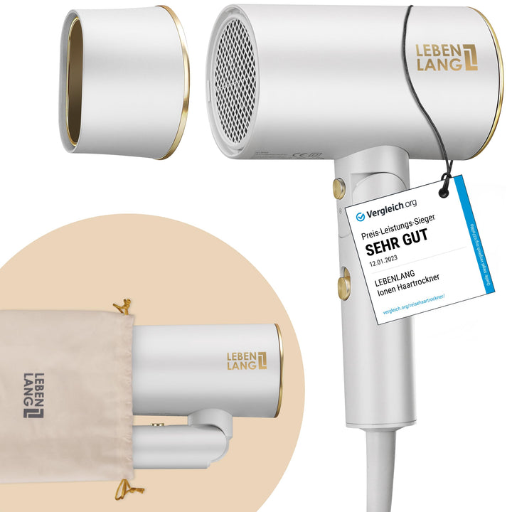 LEBENLANG Föhn Haartrockner Ionen 2100W - Anti-Spliss mit Kaltluft Modus | Reisefön klappbar klein &