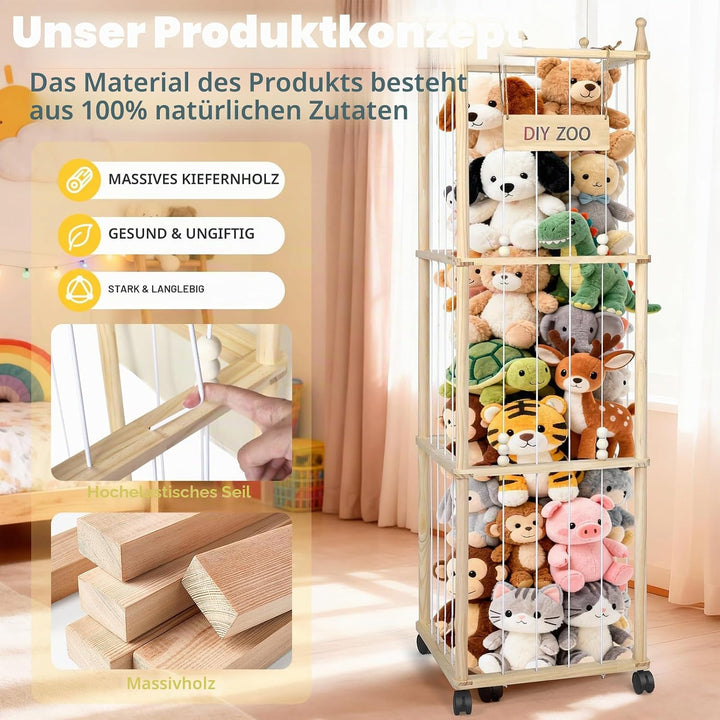 Aufbewahrung Kuscheltiere, 138x40x40CM Massivholz, 360° Drehbar und Arretierbar Plüschtier Aufbewahr