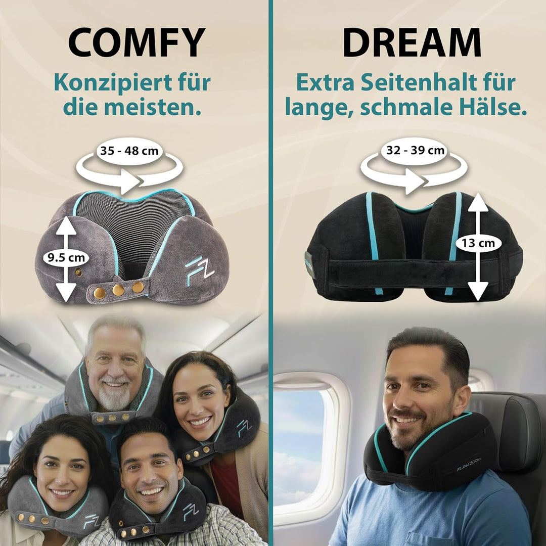 FLOWZOOM® Dream Nackenkissen Reise-Kissen für Flugzeug & Auto aus weichem Memoryfoam mit schmalem Rü
