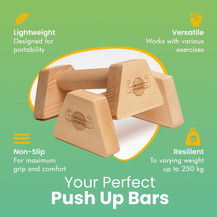 woodpower PowerBars Holz-Parallettes gelenkschonende Liegestützgriffe, Handstand-Barren & Minibarren