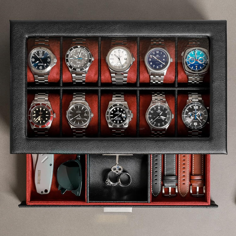 ROTHWELL Leder-Uhrenbox 10 Fächer mit Schublade, Luxus-Uhrenetui mit weichen Kissen, abschliessbarer