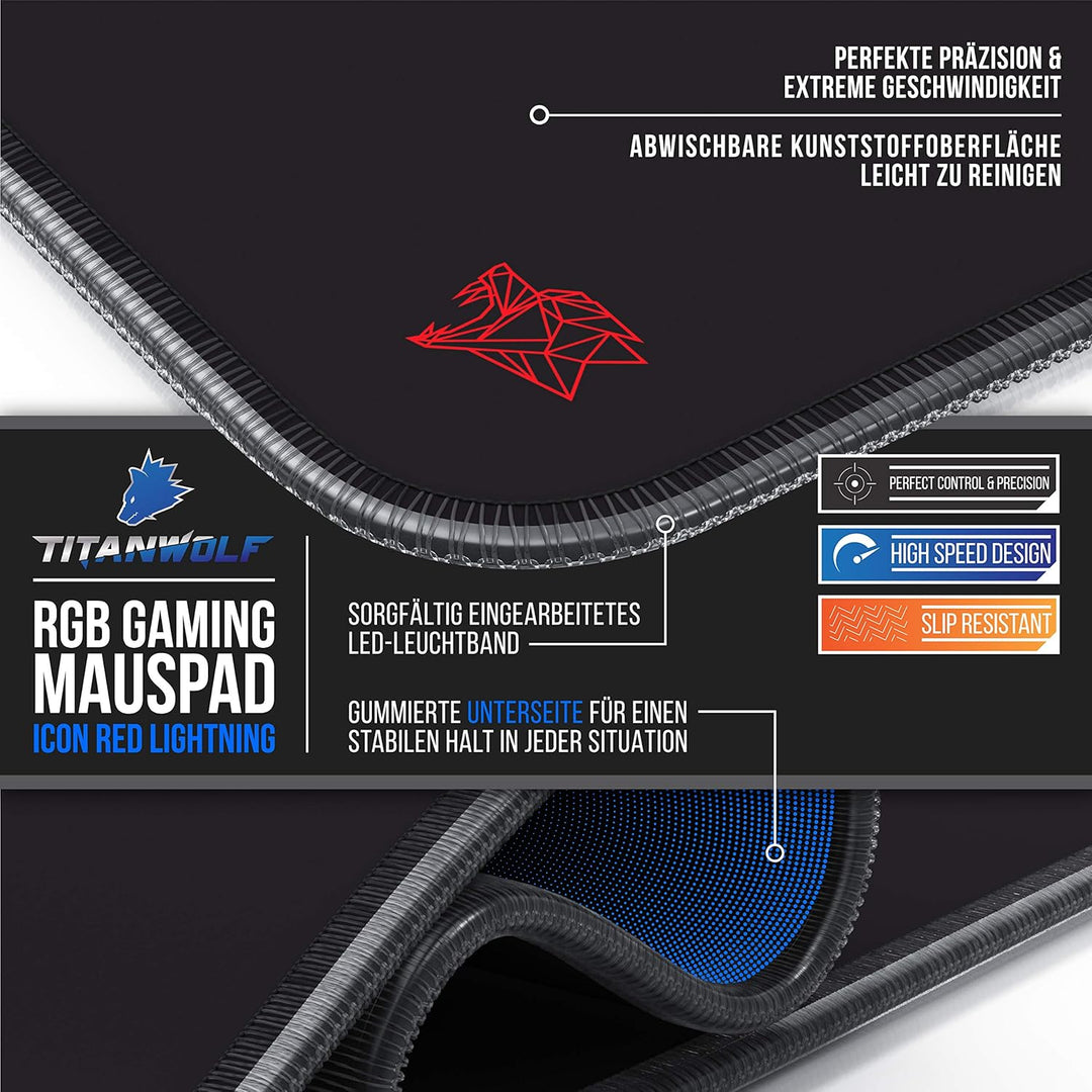 Titanwolf - RGB Gaming Mauspad - XXL LED Schreibtischunterlage - 800x300 mm - Multi Color LED - 11 B