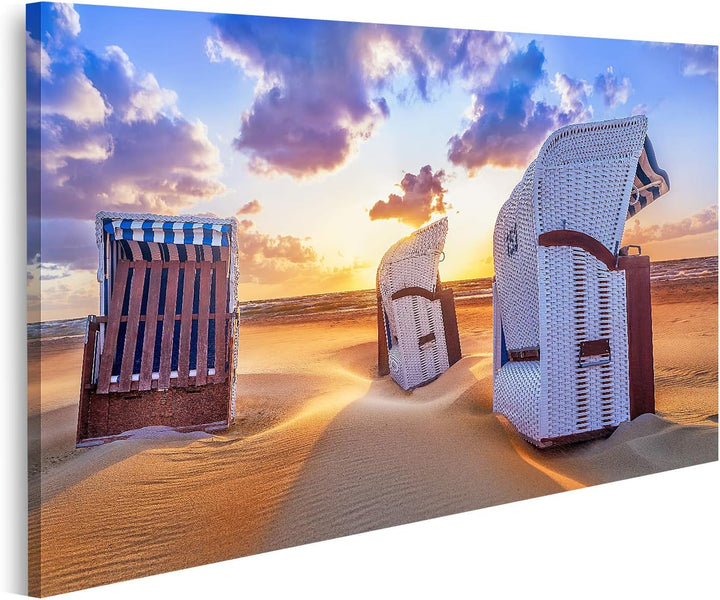 islandburner Bild auf Leinwand Strand Sonnenuntergang Ostsee Strandkörbe Bilder Wandbilder Poster Le
