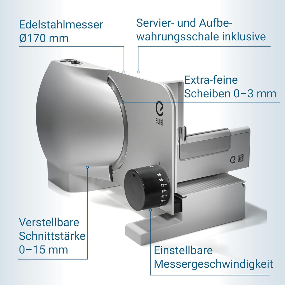 EUREL RS74 Elektrischer Allesschneider, Grösse Metallschneidfläche, Einstellen der Messergeschwindig