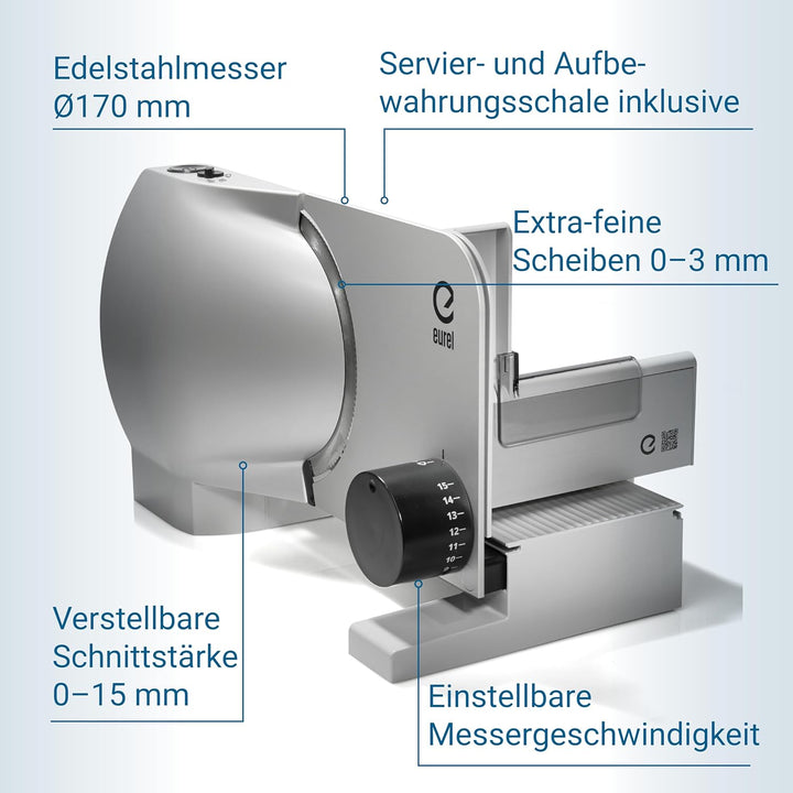 EUREL RS74 Elektrischer Allesschneider, Grösse Metallschneidfläche, Einstellen der Messergeschwindig