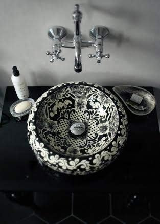 Cerames Serena - Mexikanische Rund Aufsatzwaschbecken schwarz | 40 cm Keramik Talavera klein Waschbe