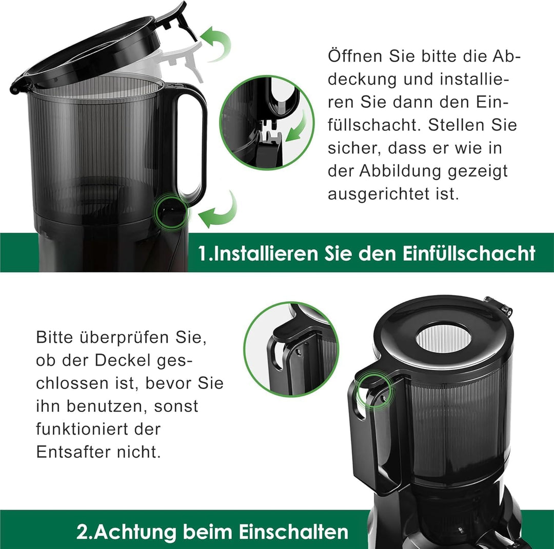 Fretta Entsafter,Slow Juicer mit 108MM Breite und Grössere Fütterungsröhre,1L Füllvolumen für ganze