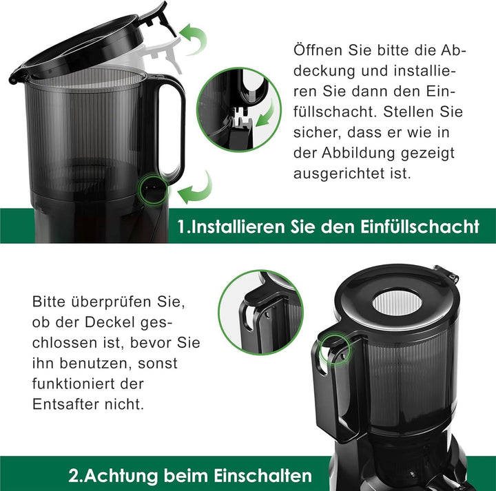 Fretta Entsafter,Slow Juicer mit 108MM Breite und Grössere Fütterungsröhre,1L Füllvolumen für ganze
