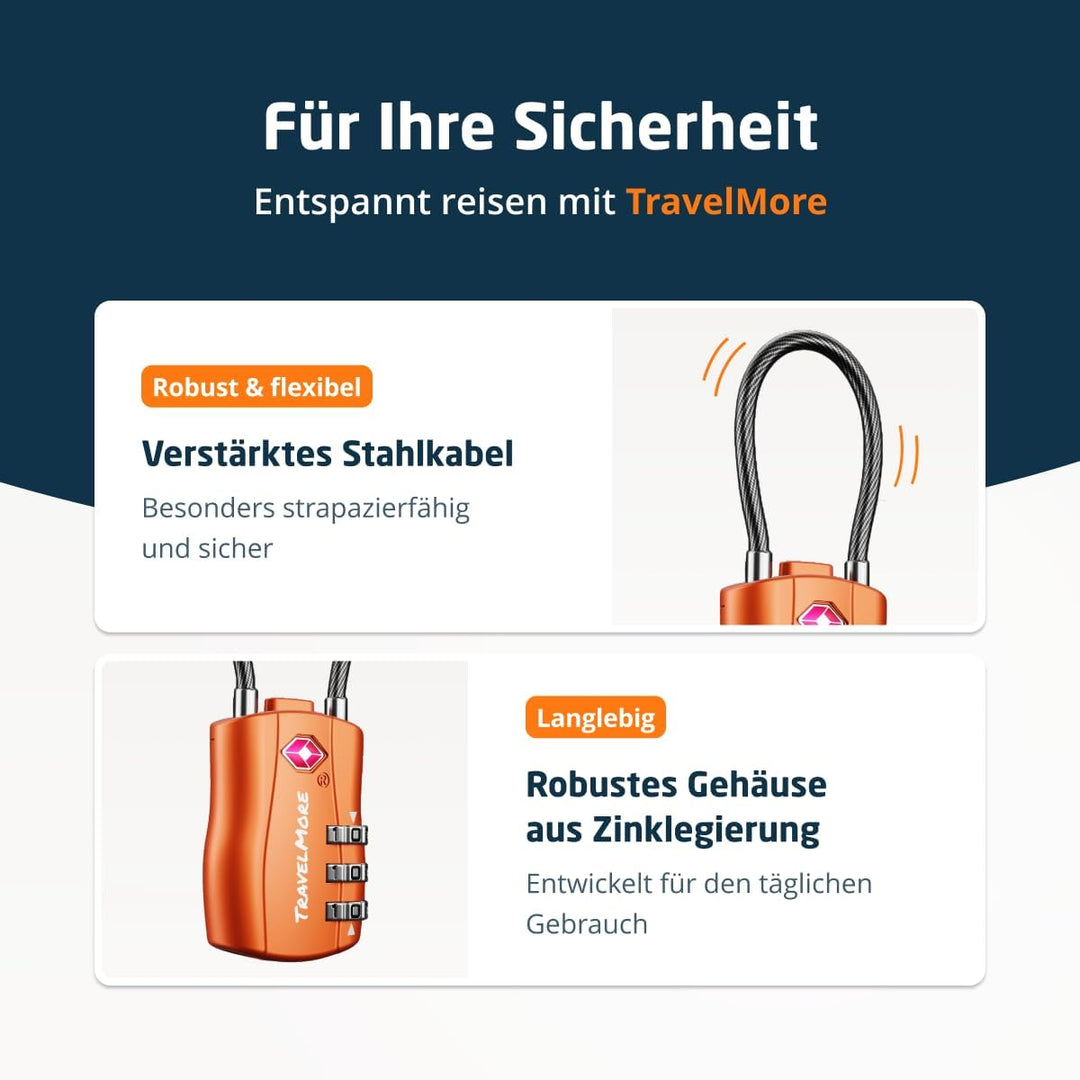 TSA-Kofferschlösser | Gepäckschlöss mit flexiblem Kabel | TSA-Schlöss für Flugreisen | Schlösser für
