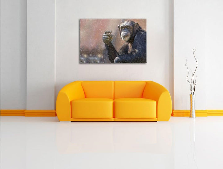 Pixxprint Aufmerksamer Schimpanse / 100x70cm Leinwandbild bespannt auf Holzrahmen/Wandbild Kunstdruc