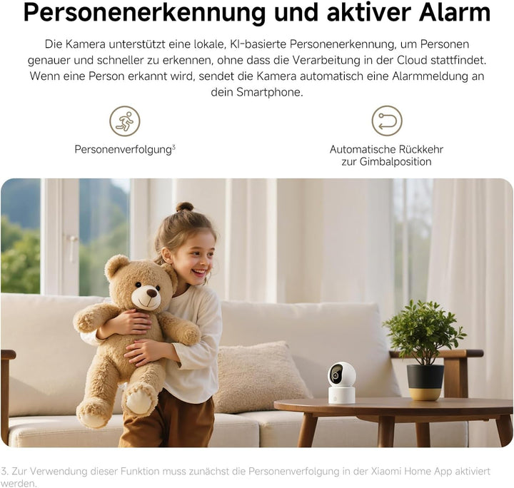 XIAOMI C302 Überwachungskamera Innen 2K, 360 Grad Kamera Überwachung Innen, KI-Erkennung, Physische