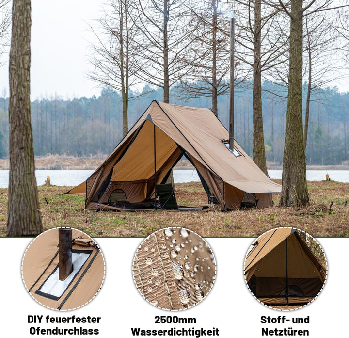 Camping Heisszelt Herd Zelt Wandzelt, POMOLY Chalet 70 Pro, tragbares Kabinenzelt mit Herdheber und
