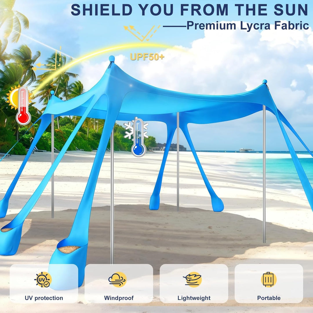 Strandzelt Sonnenschutz UPF 50+, 3 x 3 m Strand-Vordach Sonnenschirm, Pop-Up Strandvordach mit 8 San