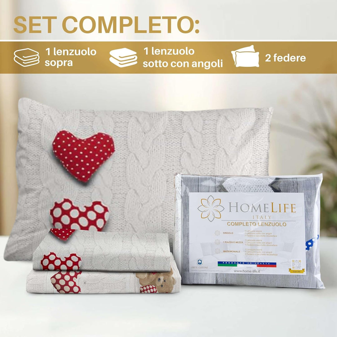 HomeLife Bettwäsche-Set für Einzelbett aus Baumwolle mit Bären, Bettbezug 120 x 300 cm + Spannbettla