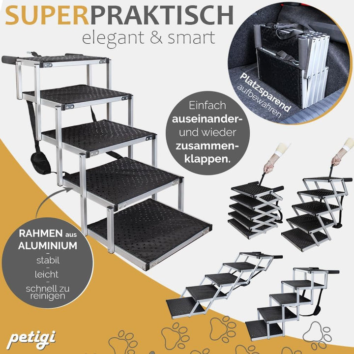Hundetreppe für Auto 5 Stufen klappbar, 70 kg Belastbarkeit Hund Anti Rutsch Einstiegshilfe faltbar