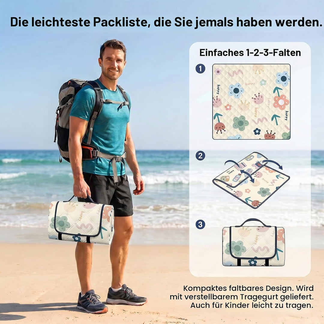 Picknickdecke, Campingdecke 200 x 200cm, Faltbare Strandmatte, mit Tragegriff, Tragbare Strandunterl