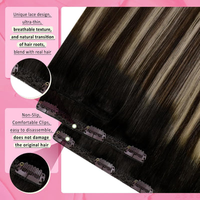 YoungSee Clip in Extensions Balayage Schwarz Echthaar Extensions Clip Schwarz Ombre Braun Blond Clip