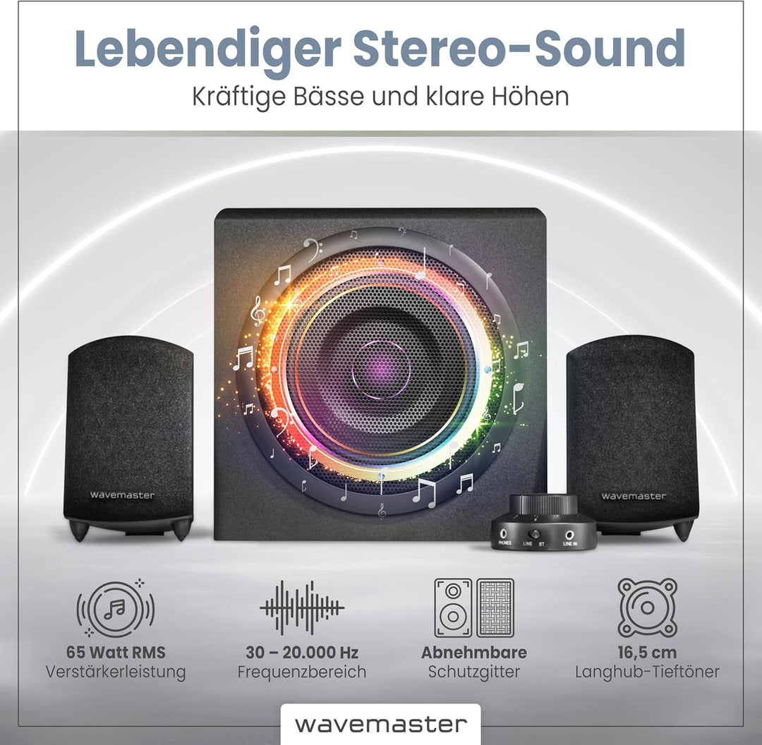 Wavemaster Moody BT 2.1 Lautsprecher System (65 Watt) mit Bluetooth-Streaming Aktiv-Boxen Nutzung fü