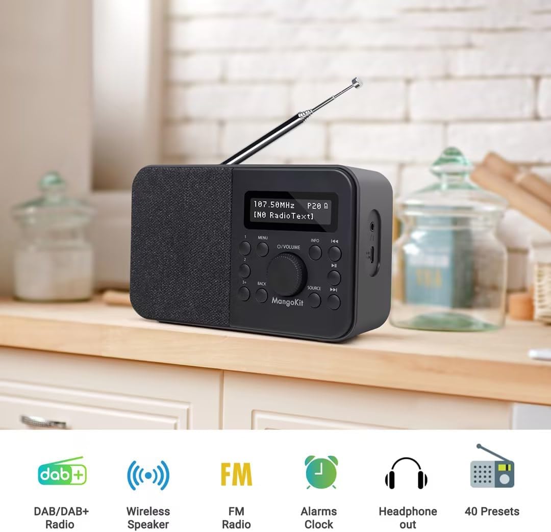 MangoKit PR2S Tragbares DAB+ Digitalradio,Küchen-FM-Radio,Bluetooth-Lautsprecher,Persönliches DAB-Ra