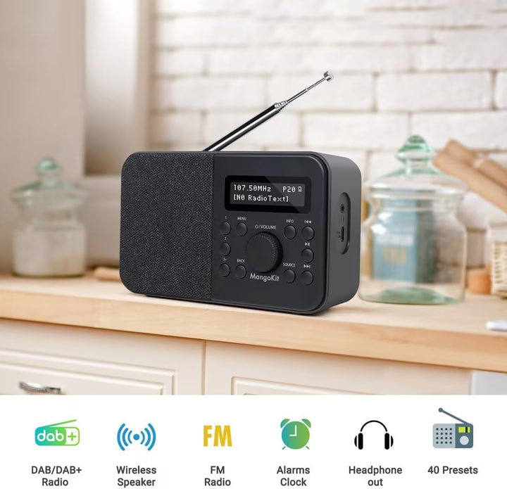 MangoKit PR2S Tragbares DAB+ Digitalradio,Küchen-FM-Radio,Bluetooth-Lautsprecher,Persönliches DAB-Ra