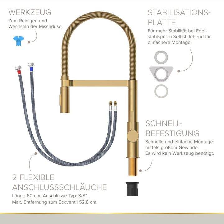 Lenz Küchenarmatur ALUNA in Gold - flexible Geschirrbrause mit 2 Strahlarten - Anti-Fingerabdruck Ob
