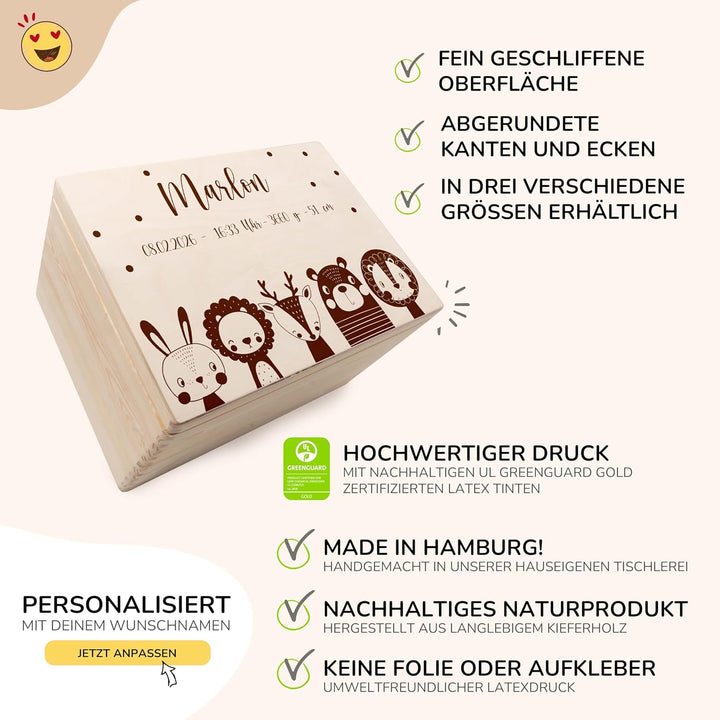 KIDSMOOD - Erinnerungsbox Baby, personalisierte Holzkiste mit Deckel, Ideal zur Aufbewahrung von Eri