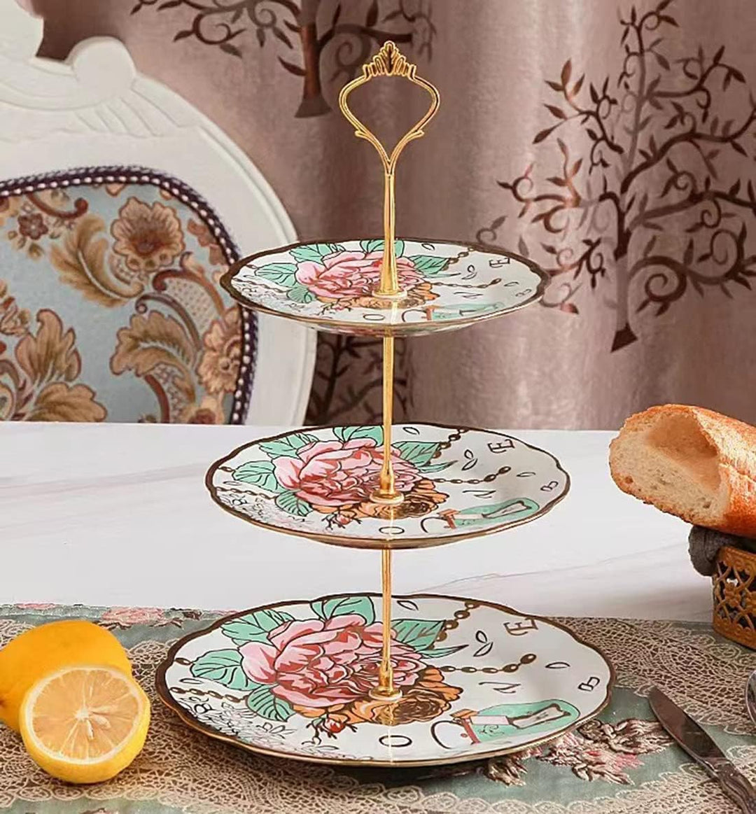 3-Etagen-Keramik Vintage Kuchen Stand mit schönen klassischen Rose Muster, Lebensmittel Rack für die