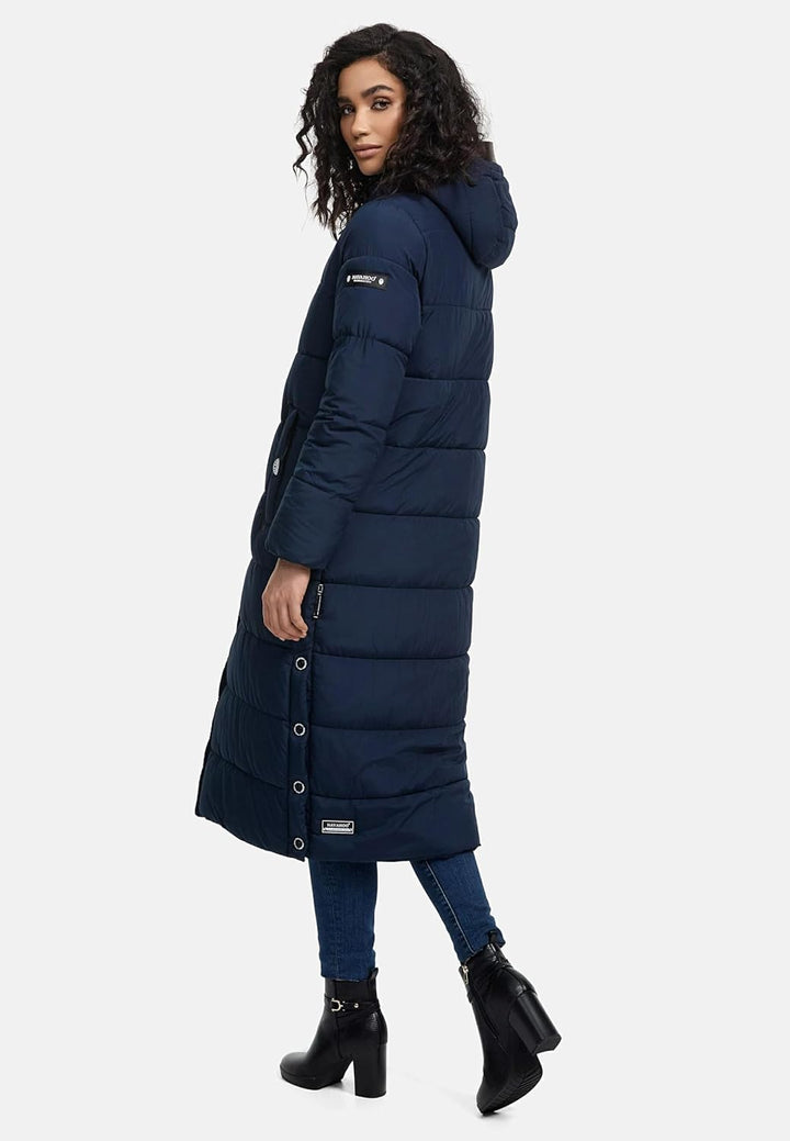 Navahoo Damen Wintermantel Warmer Steppmantel lang mit Abnehmbarer Kapuze Isalie XS-XXL L Navy, L Na