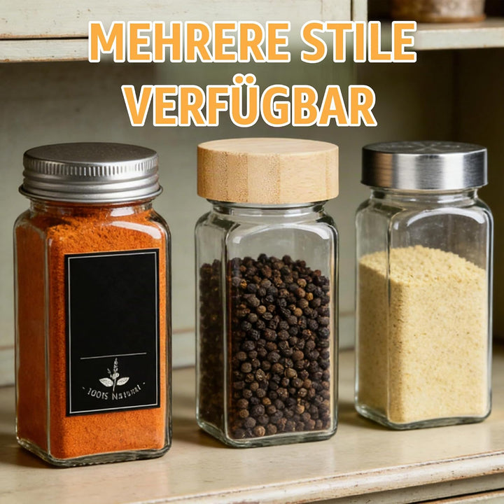 Verdego Gewürzgläser Eckig (24x 120ml), Gewürzdosen mit Holzdeckel, Trichter, Etiketten und Stift, G