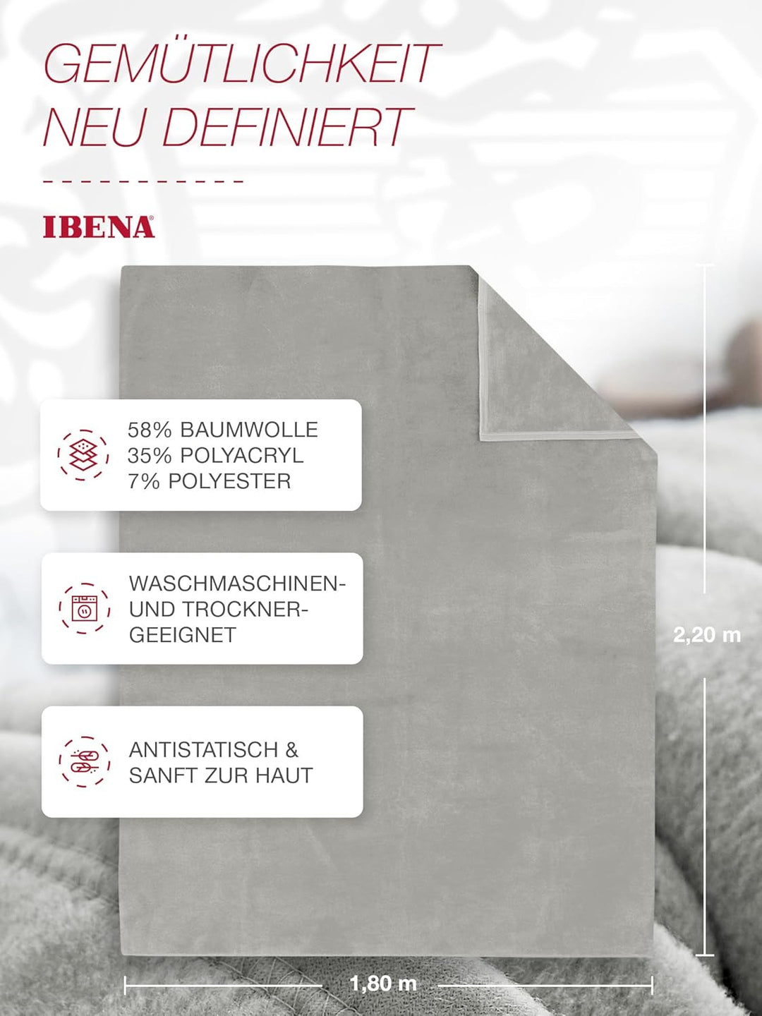 Ibena Porto XXL Decke 180x220 cm – Baumwollmischung weich, warm & waschbar, Tagesdecke hellgrau einf